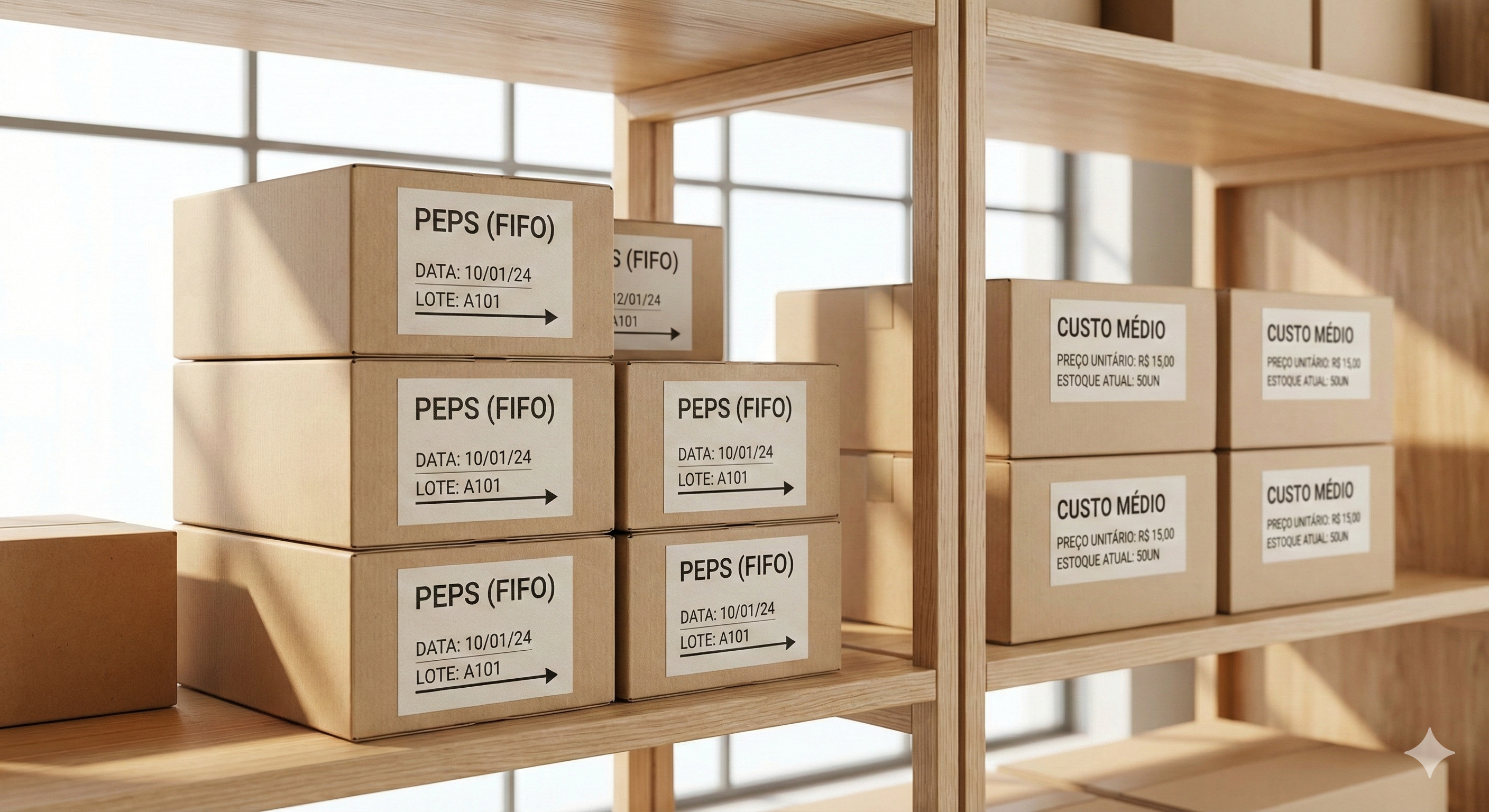Comparativo visual dos métodos PEPS, UEPS e Custo Médio mostrando como cada um calcula o custo das mercadorias vendidas