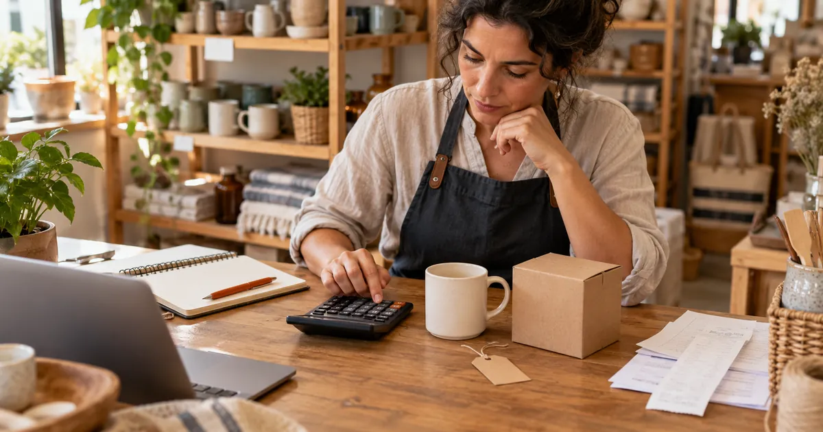 Ilustração de uma dona de loja calculando o preço de produtos com calculadora, caderno e documentos no balcão.
