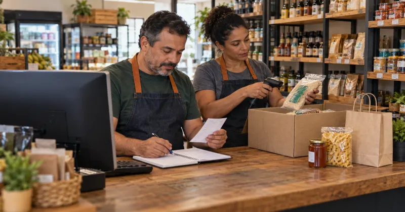 Ilustração de uma equipe conferindo mercadorias e registros junto ao computador de uma pequena loja.