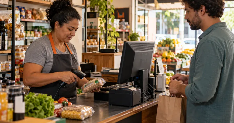 Ilustração de uma operadora registrando uma compra no computador do caixa de uma mercearia, com leitor de código de barras e cliente no balcão.