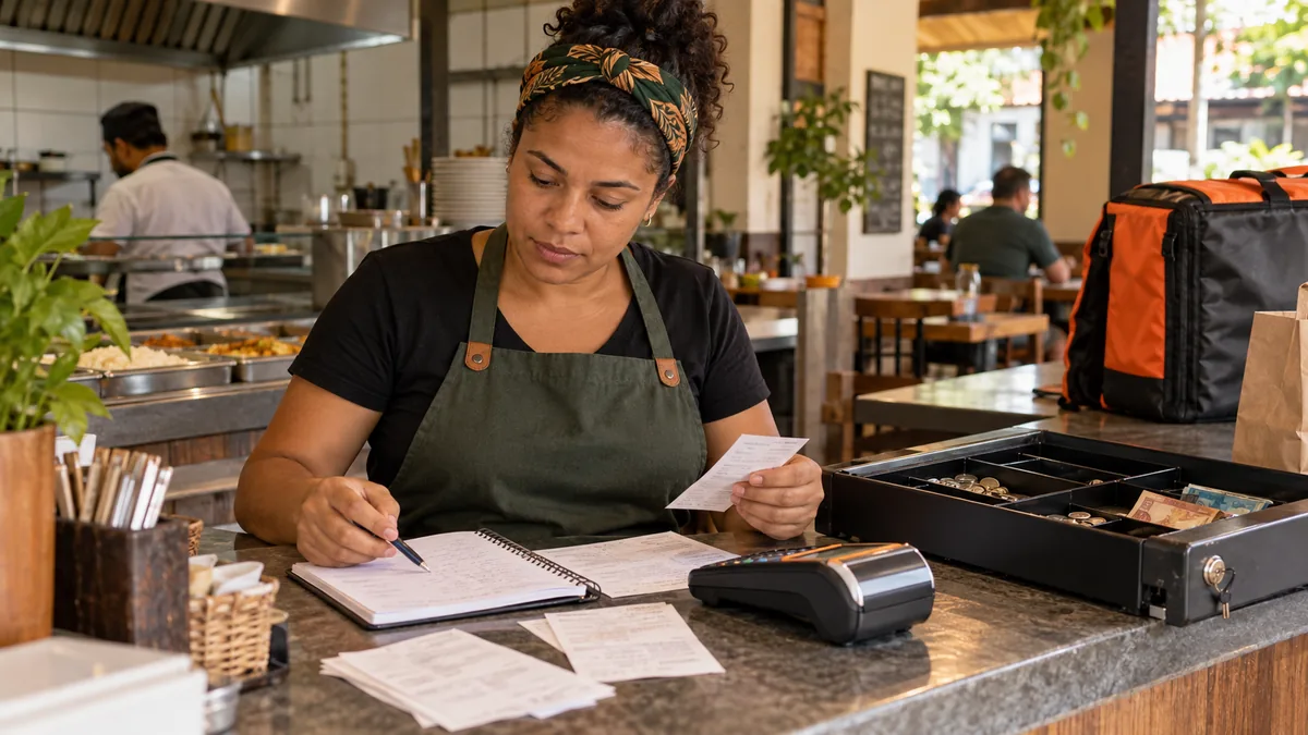 Imagem ilustrativa: responsável pelo restaurante confere comprovantes junto do caixa.