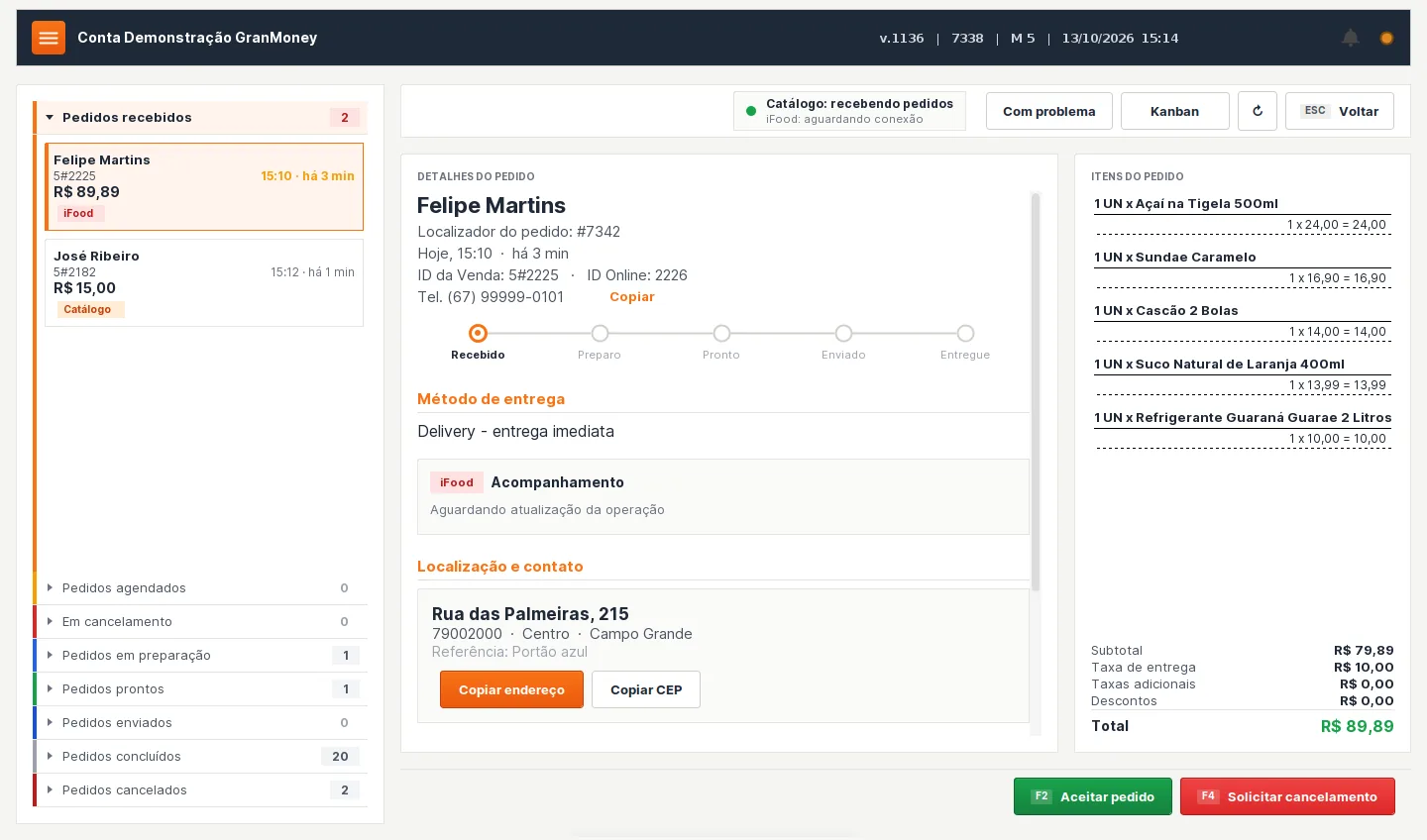 Tela de delivery do PDV 2.0 com um pedido do iFood selecionado, etapas do pedido, endereço, itens e botão Aceitar pedido