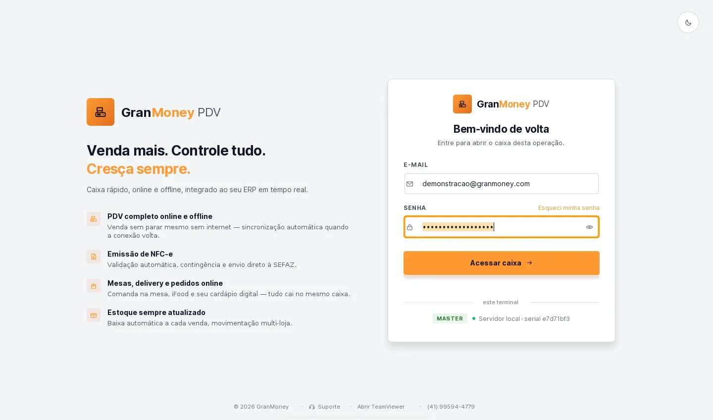 Tela de entrada do PDV 2.0 da GranMoney com e-mail, senha e o terminal identificado como MASTER com servidor local