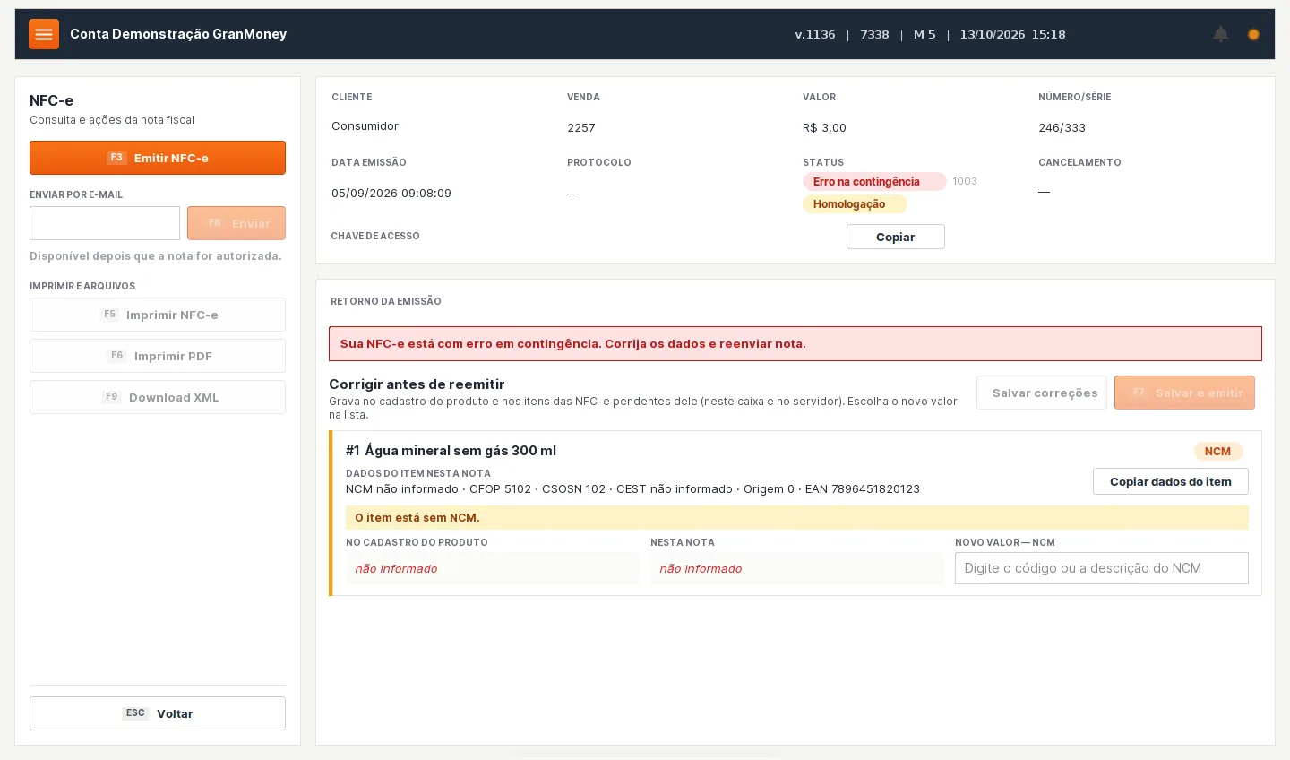 Tela do PDV 2.0 da GranMoney com NFC-e recusada por item sem NCM e campo para informar o código