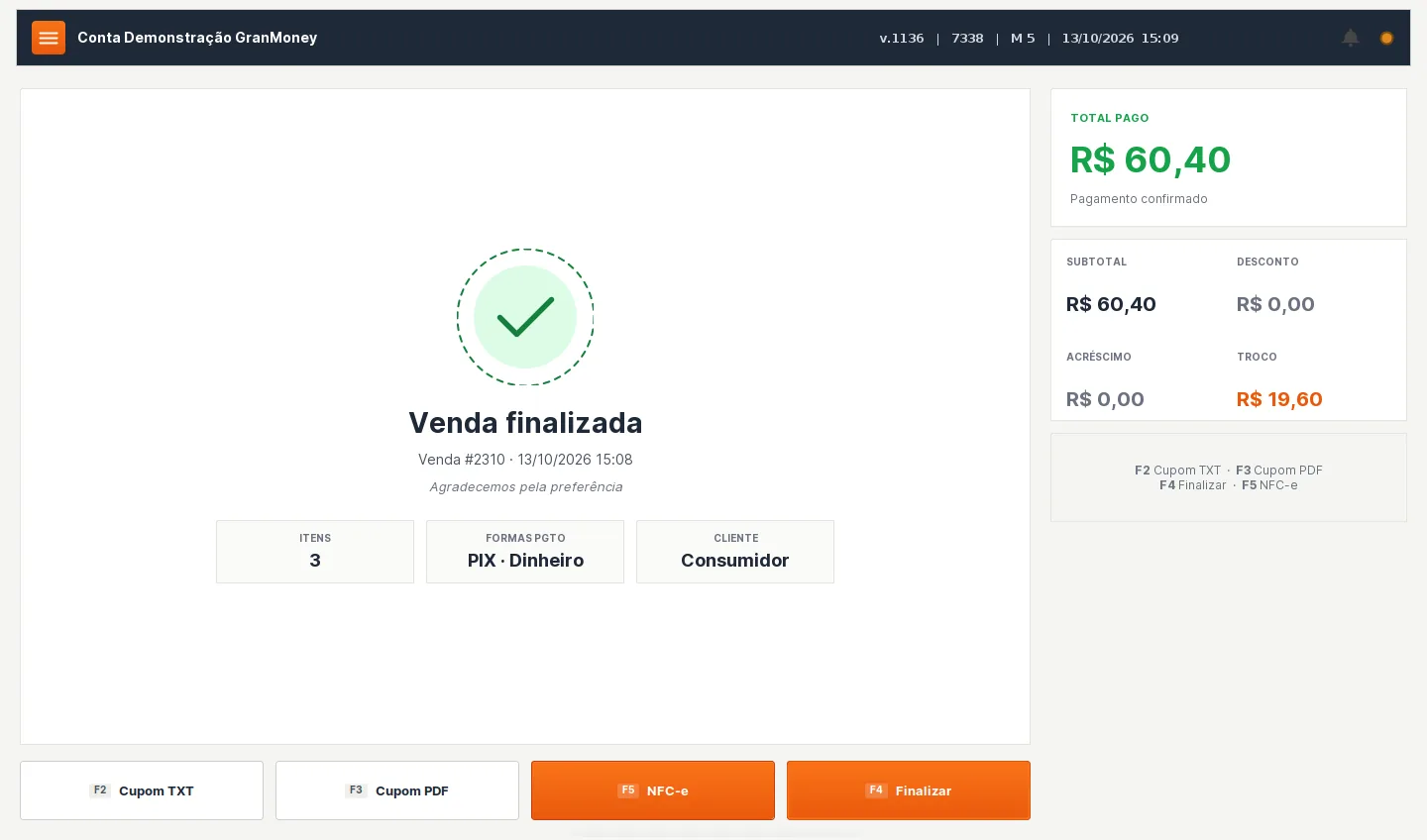Tela de venda finalizada no PDV 2.0 da GranMoney com troco e botão NFC-e