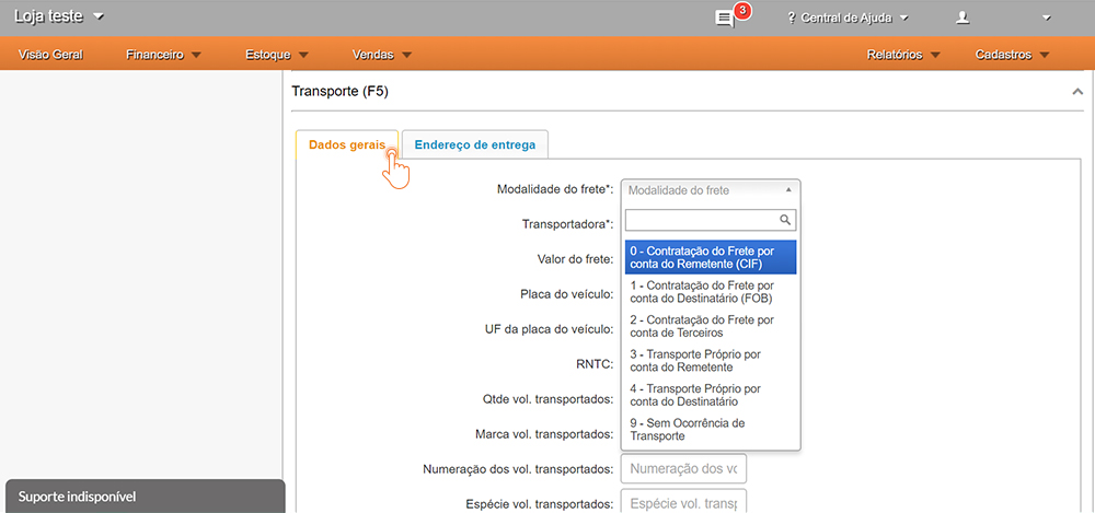 Preenchimento dos dados referentes ao frete no processo de emissão de nota fiscal de devolução no sistema GranMoney