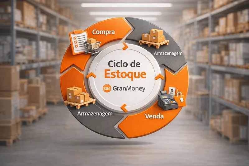 Ciclo de estoque mostrando compra, armazenagem, venda e reposição