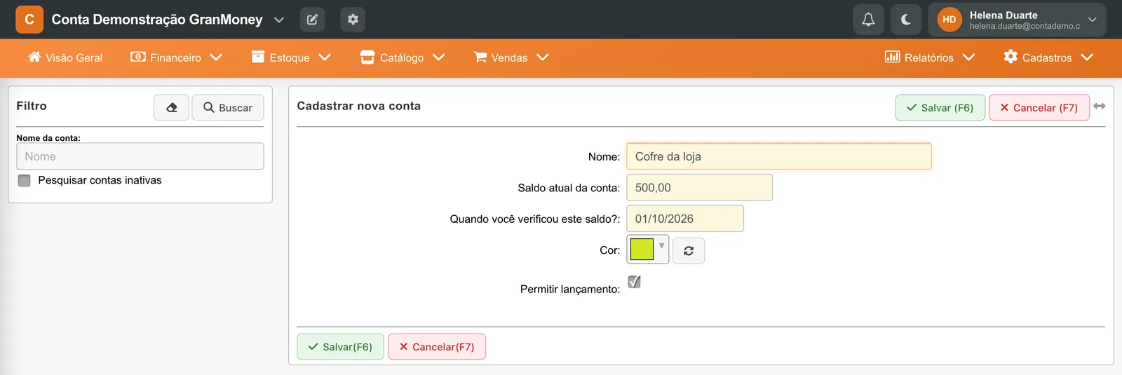 Formulário Cadastrar nova conta com nome Cofre da loja, saldo atual de 500,00, data em que o saldo foi verificado, cor e Permitir lançamento.