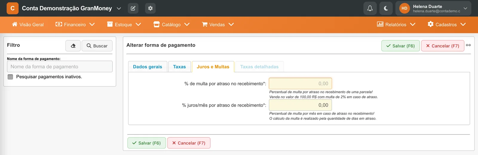 Aba Juros e Multas com percentual de multa por atraso no recebimento e percentual de juros por mês de atraso.