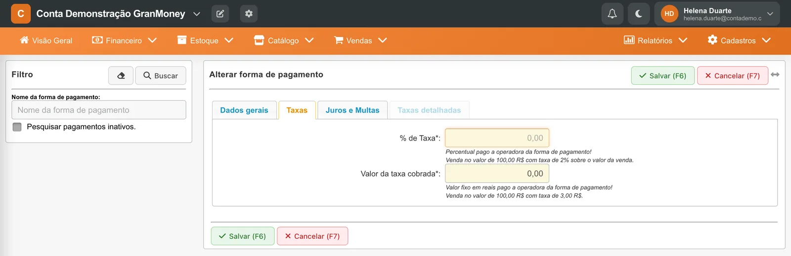 Aba Taxas com os campos percentual de taxa e valor da taxa cobrada pela operadora.