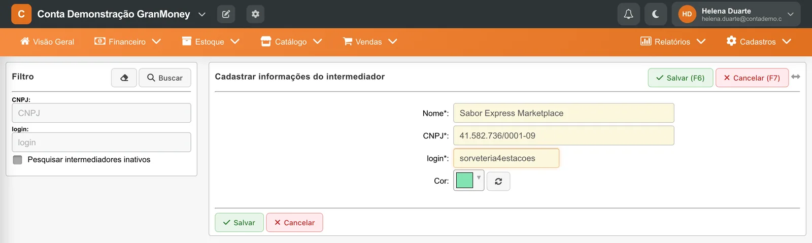 Formulário Cadastrar informações do intermediador com nome, CNPJ e login preenchidos com dados fictícios.