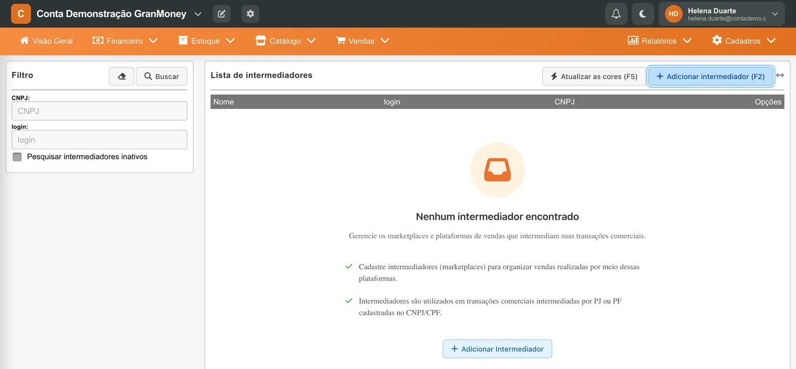 Tela Lista de intermediadores sem cadastros, com a mensagem Nenhum intermediador encontrado, a explicação do recurso e o botão Adicionar intermediador.