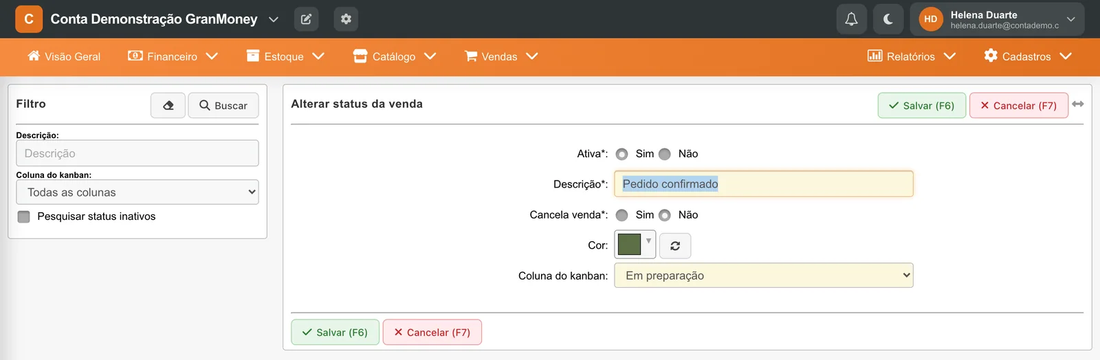 Ficha Alterar status da venda com ativa, descrição, cancela venda, cor e coluna do kanban Em preparação.