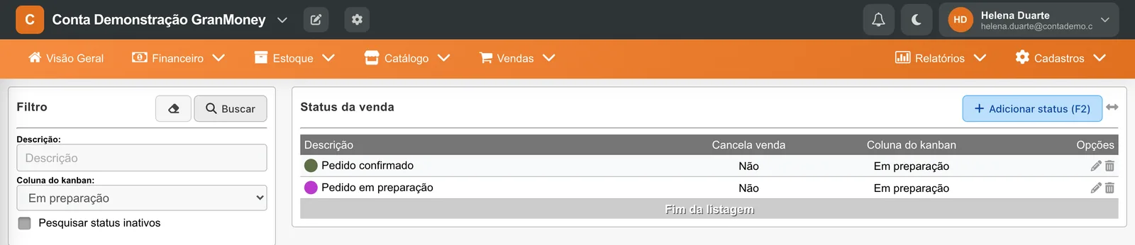 Lista de status da venda filtrada pela coluna do kanban Em preparação, com os status Pedido confirmado e Pedido em preparação.
