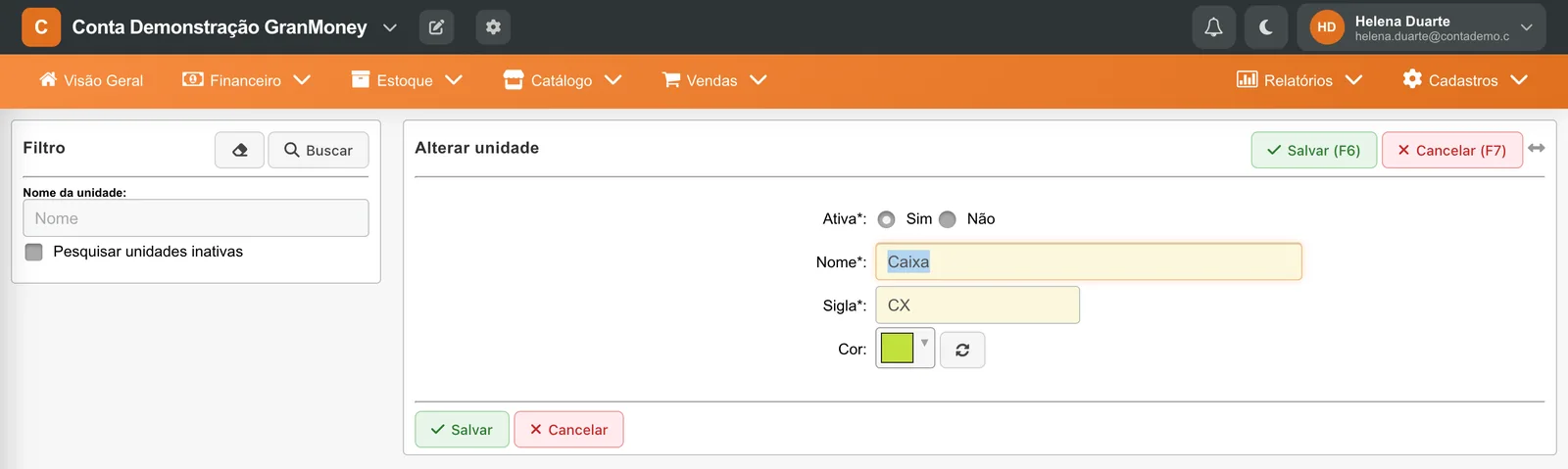 Ficha Alterar unidade com ativa, nome, sigla e cor.