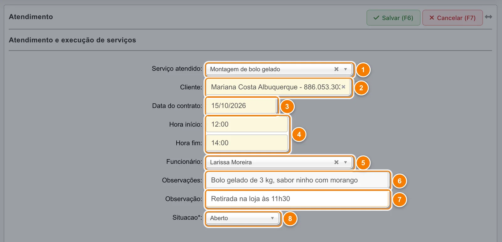 Ficha preenchida com Montagem de bolo gelado (1), a cliente Mariana Costa Albuquerque (2), a data 15/10/2026 (3), das 12:00 às 14:00 (4), a funcionária Larissa Moreira (5), Observações (6), Observação (7) e Situação Aberto (8).
