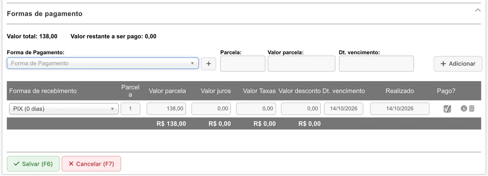 Grade de formas de recebimento com PIX em 1 parcela de 138,00, vencimento e realização em 14/10/2026 e valor restante 0,00