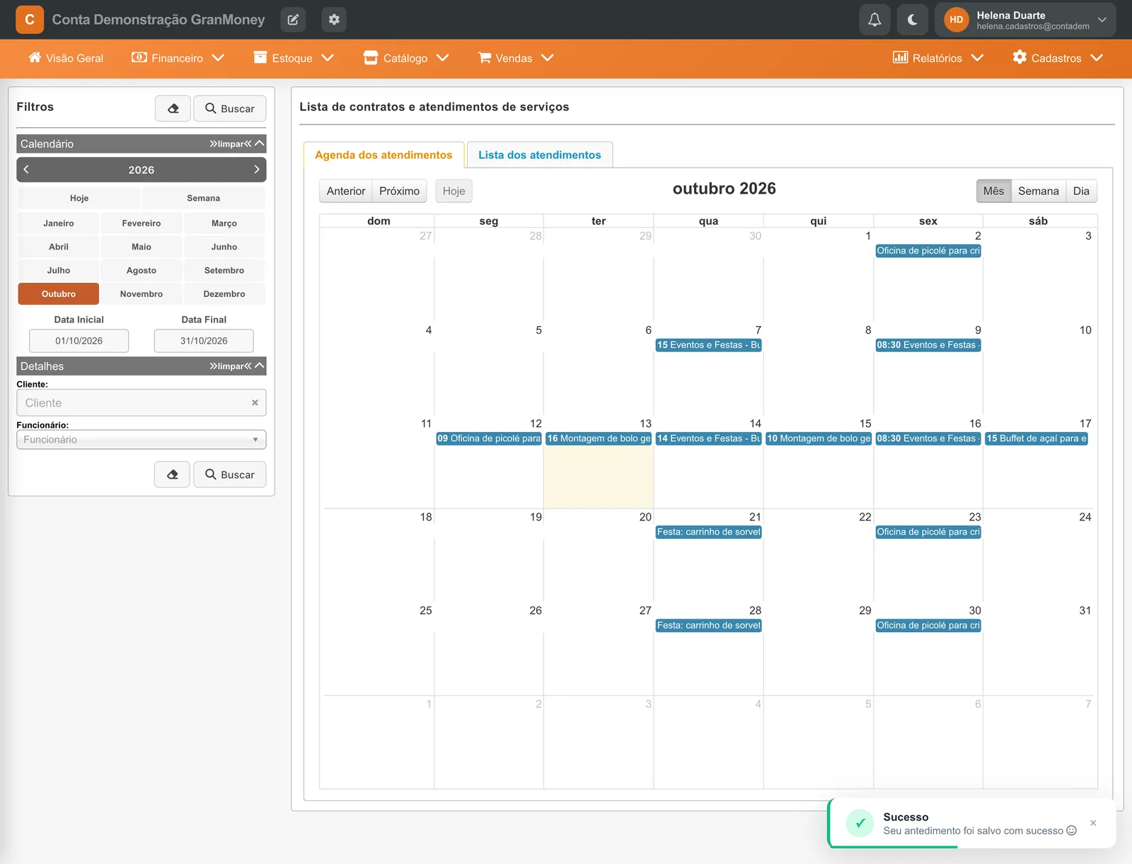 Agenda de outubro com o aviso Sucesso: Seu antedimento foi salvo com sucesso