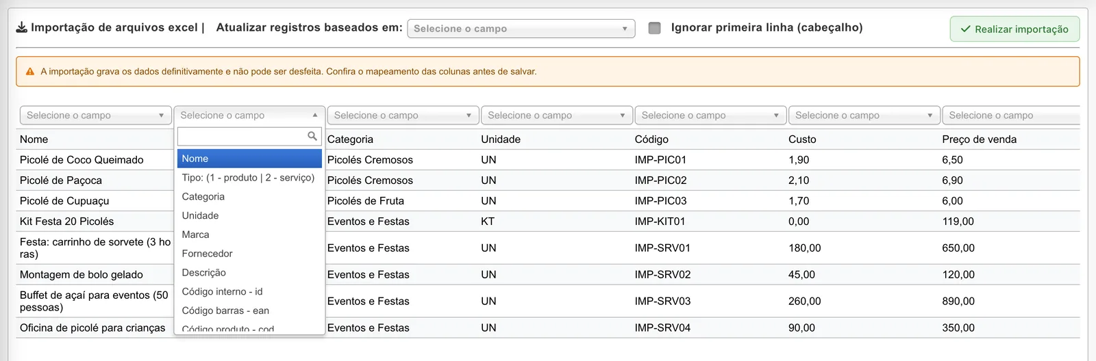 Lista aberta acima da segunda coluna mostrando os campos disponíveis para Produtos: Nome, Tipo, Categoria, Unidade, Marca, Fornecedor, Descrição e códigos