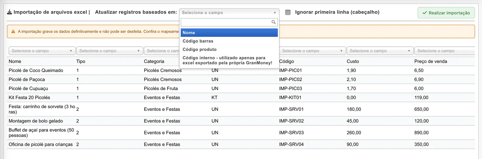 Lista Atualizar registros baseados em aberta com as opções Nome, Código barras, Código produto e Código interno
