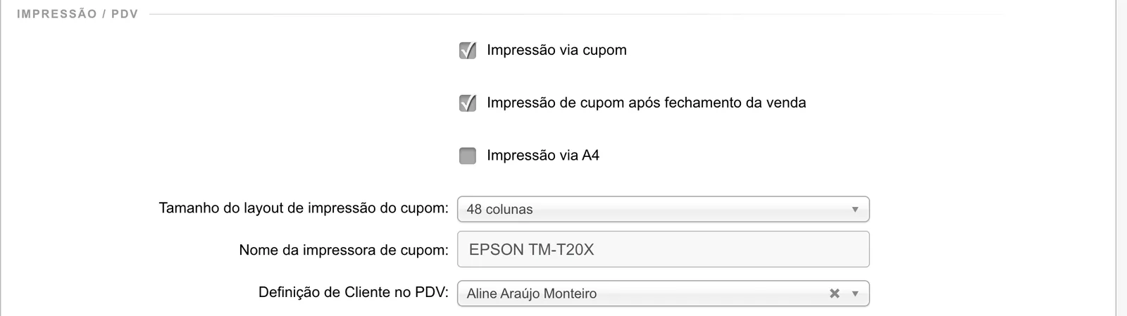 Seção Impressão / PDV com impressão via cupom e após fechamento da venda marcadas, A4 desmarcada, layout de 48 colunas, impressora EPSON TM-T20X e cliente definido para o PDV