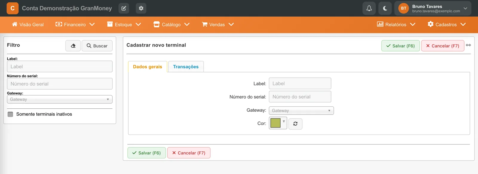 Formulário Cadastrar novo terminal com label, número do serial, gateway e cor