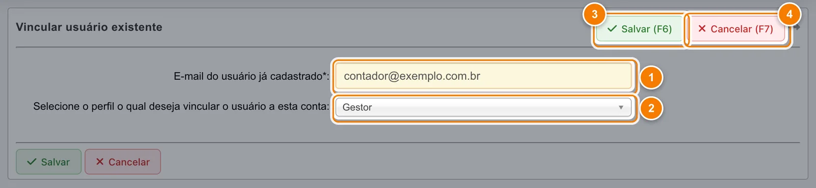 Formulário Vincular usuário existente preenchido com o e-mail contador@exemplo.com.br e o perfil Gestor, com quatro pontos numerados: e-mail, perfil, Salvar e Cancelar.