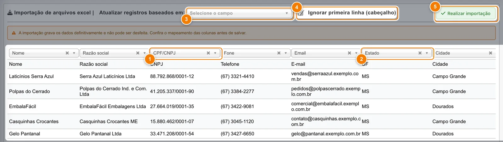 Mapeamento de 5 fornecedores com a coluna CNPJ associada a CPF/CNPJ (1), a coluna UF associada a Estado antes da Cidade (2), Atualizar registros baseados em vazio (3), Ignorar primeira linha marcado (4) e Realizar importação (5).