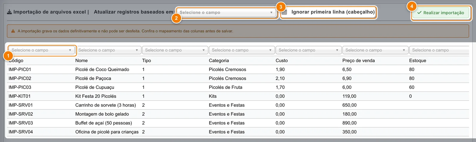 Prévia de uma planilha de produtos com a lista Selecione o campo acima da primeira coluna (1), Atualizar registros baseados em (2), Ignorar primeira linha (cabeçalho) (3) e Realizar importação (4).
