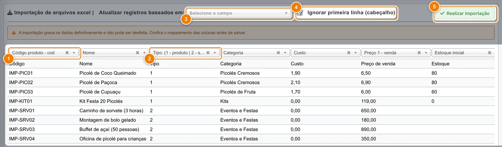 Mapeamento de 8 produtos e serviços com Código produto - cod na primeira coluna (1), Tipo: (1 - produto | 2 - serviço) na coluna Tipo (2), Atualizar registros baseados em (3), Ignorar primeira linha marcado (4) e Realizar importação (5).