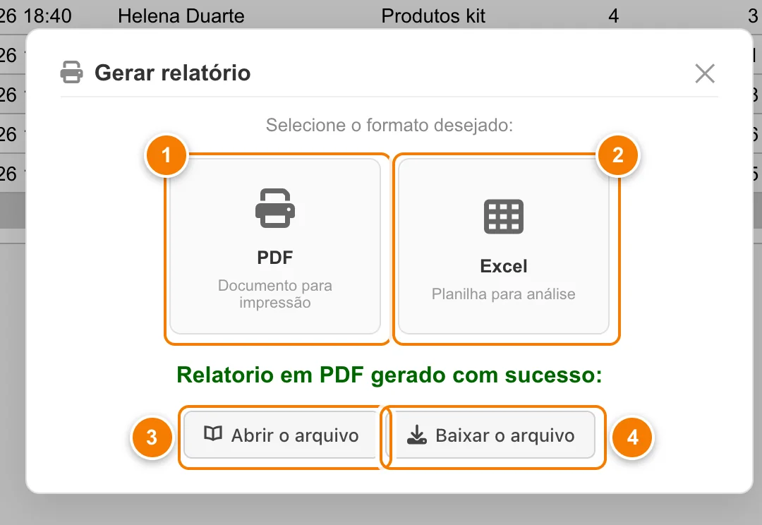 Janela Gerar relatório com o formato PDF (1), o formato Excel (2) e, depois de gerar, Abrir o arquivo (3) e Baixar o arquivo (4).