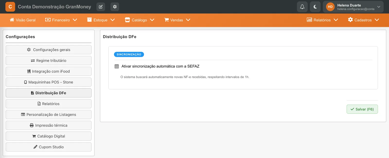 Tela Distribuição DFe com a sincronização automática com a SEFAZ desmarcada.
