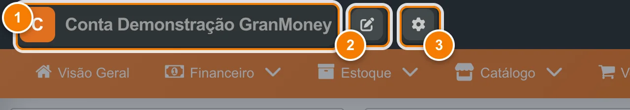 Cabeçalho do GranMoney com o nome da empresa (1), o botão de lápis dos Dados da empresa (2) e o botão de engrenagem das Configurações da empresa (3).