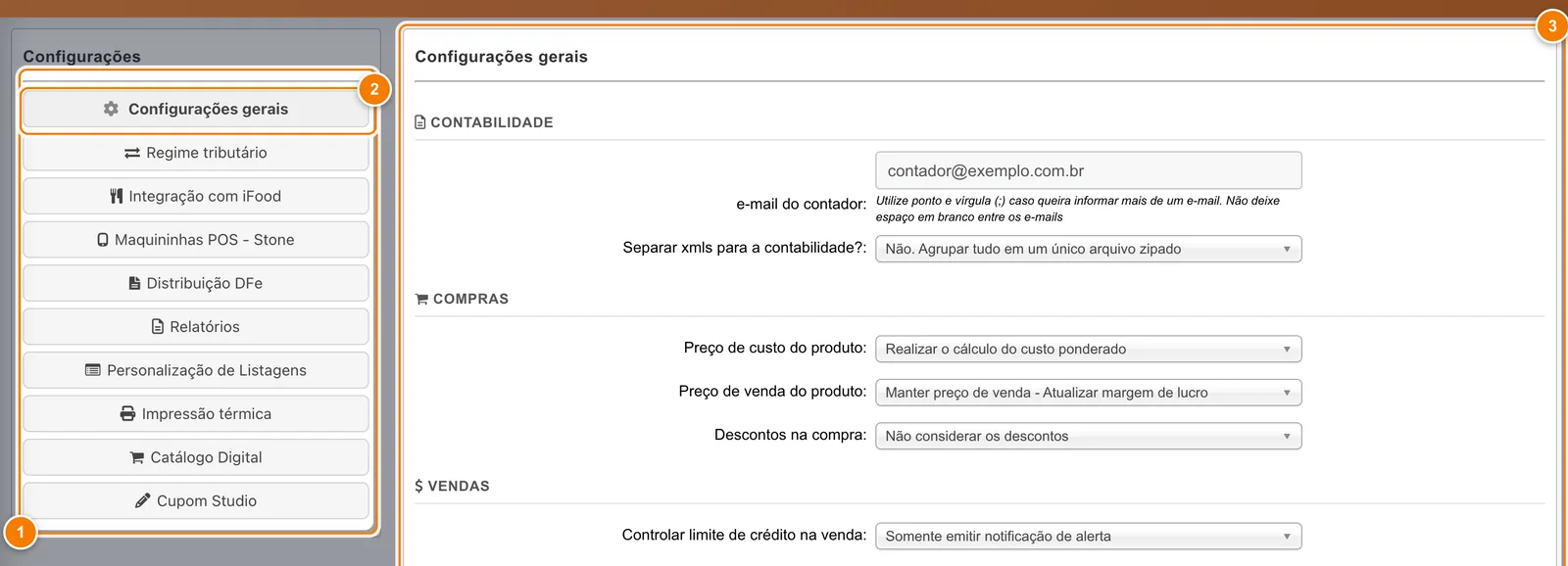 Tela Configurações com o menu de opções à esquerda (1), a opção Configurações gerais destacada (2) e a página da opção aberta à direita (3).