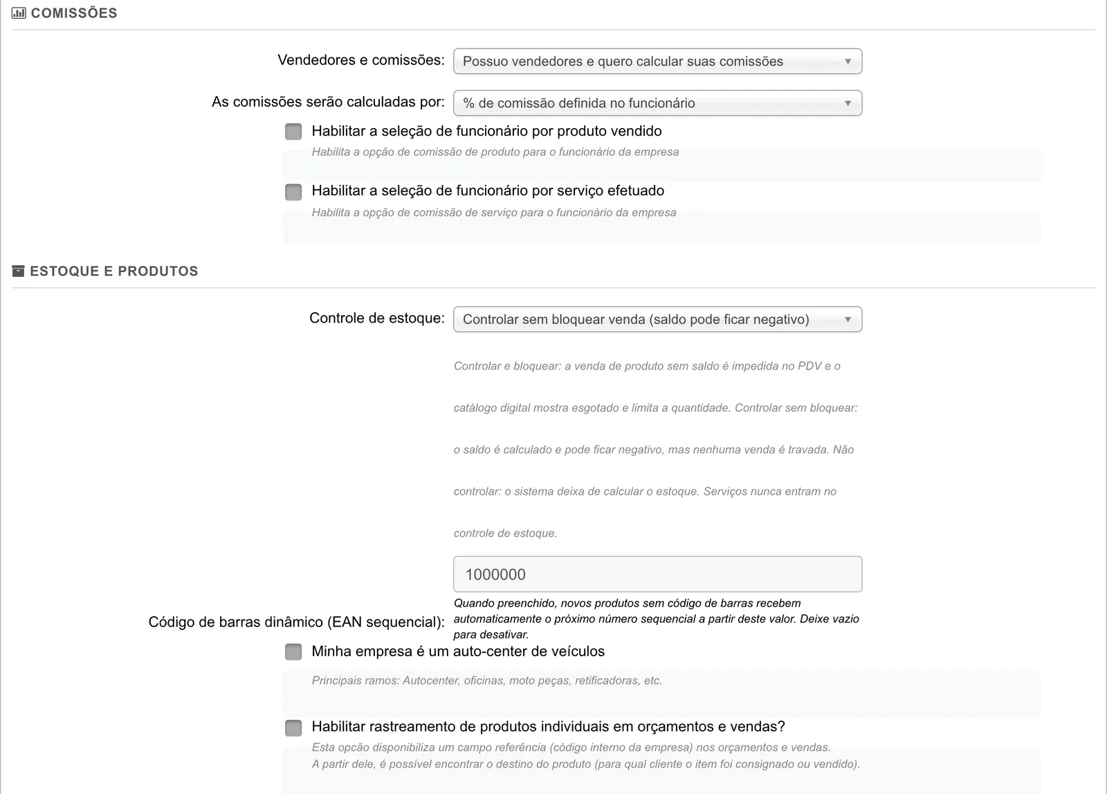 Seções Comissões e Estoque e produtos, com o tipo de cálculo de comissão, o controle de estoque, o código de barras dinâmico e as opções de auto-center e rastreamento.