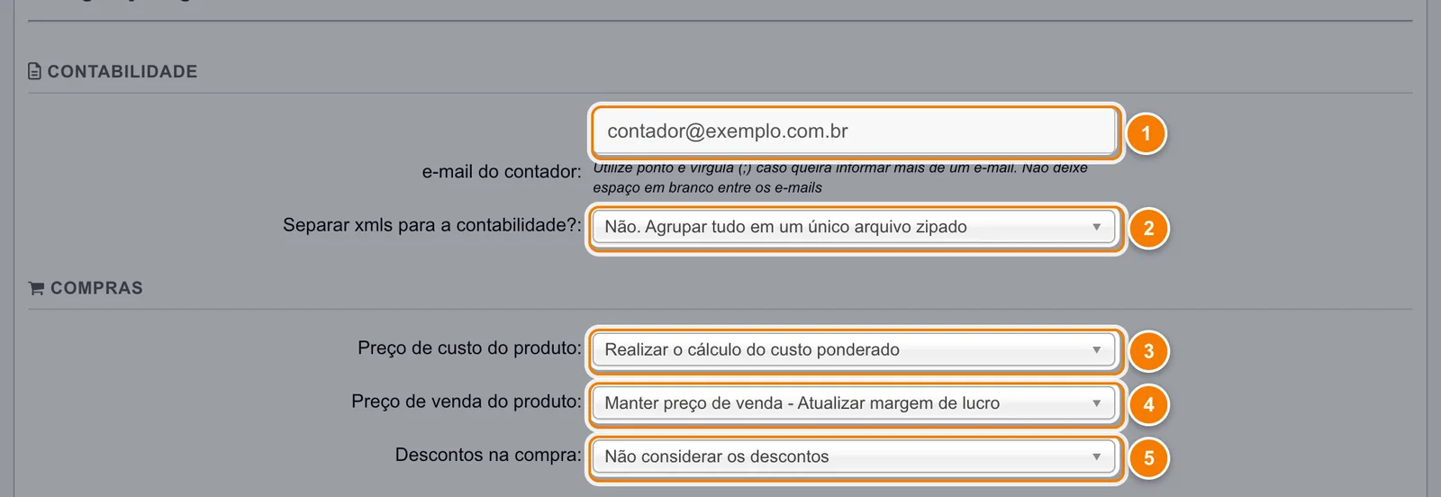 Seções Contabilidade e Compras das Configurações gerais com cinco campos numerados: e-mail do contador, separação de XMLs, preço de custo, preço de venda e descontos na compra.