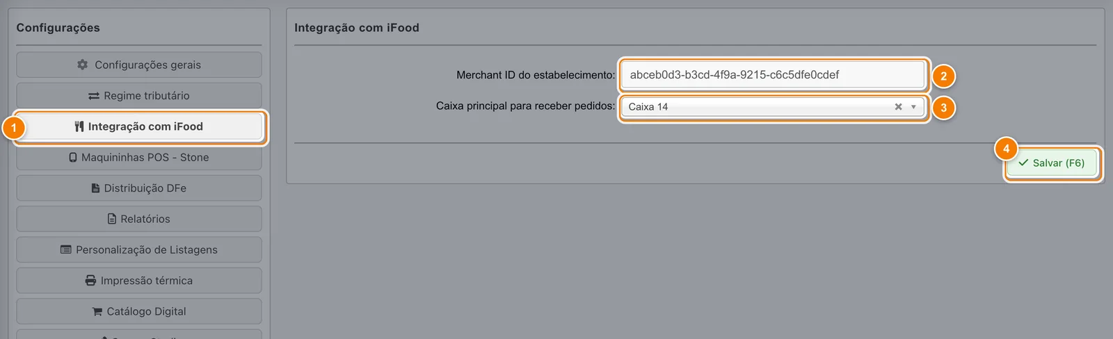 Tela Integração com iFood com a opção do menu (1), o Merchant ID do estabelecimento com valor fictício (2), o caixa principal para receber pedidos (3) e o botão Salvar (F6) (4).