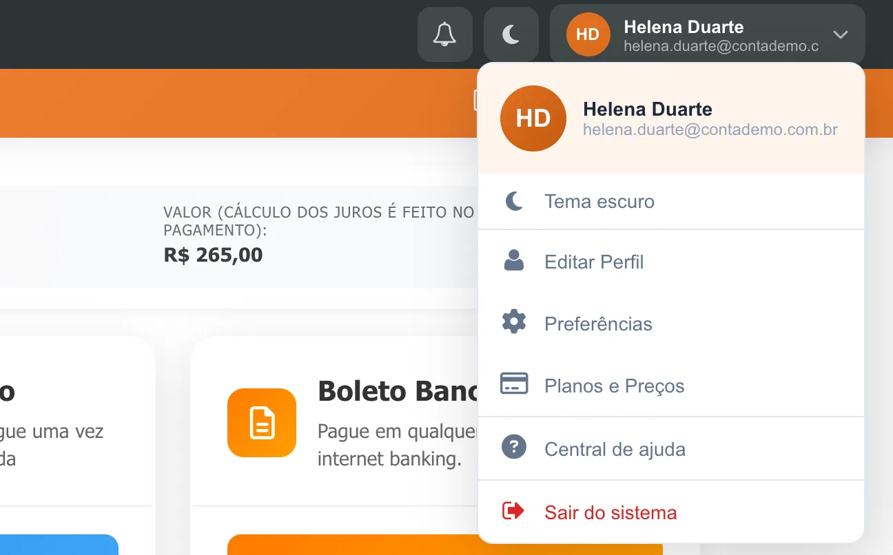 Menu do usuário aberto no canto superior direito, com nome e e-mail da usuária e as opções Tema escuro, Editar Perfil, Preferências, Planos e Preços, Central de ajuda e Sair do sistema