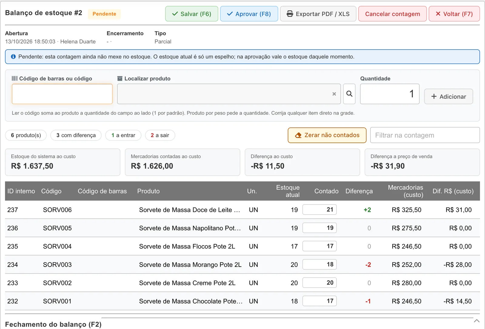 Balanço de estoque 2 pendente com campos de leitura de código, resumo de 6 produtos, 3 com diferença, 1 a entrar e 2 a sair, totais ao custo e grade com estoque atual, contado, diferença e valores de seis sorvetes de massa