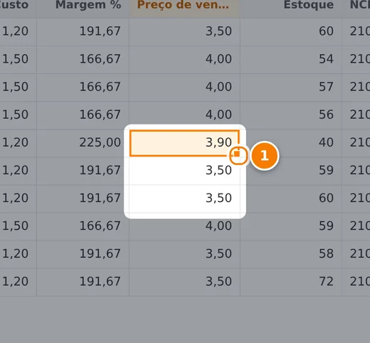 Célula de preço de venda selecionada com o valor 3,90 e o ponto 1 no quadradinho do canto inferior direito, a alça que se arrasta para baixo para repetir o valor.