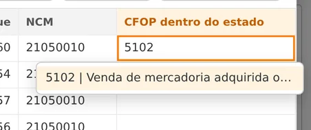 Célula da coluna CFOP dentro do estado com 5102 digitado e a lista mostrando a opção 5102, Venda de mercadoria adquirida ou recebida de terceiros.