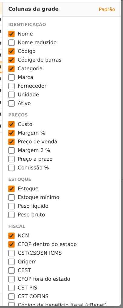 Painel Colunas da grade com os grupos Identificação, Preços, Estoque e Fiscal; NCM e CFOP dentro do estado estão marcados.
