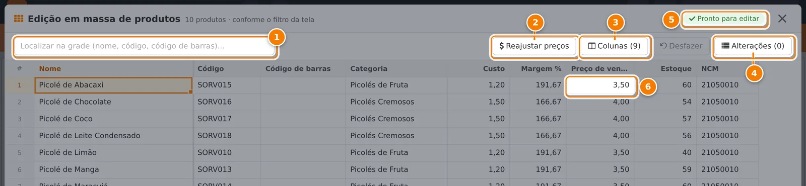 Grade Edição em massa de produtos com dez picolés; os pontos marcam a busca na grade, os botões Reajustar preços, Colunas e Alterações, o aviso Pronto para editar e uma célula de preço de venda.