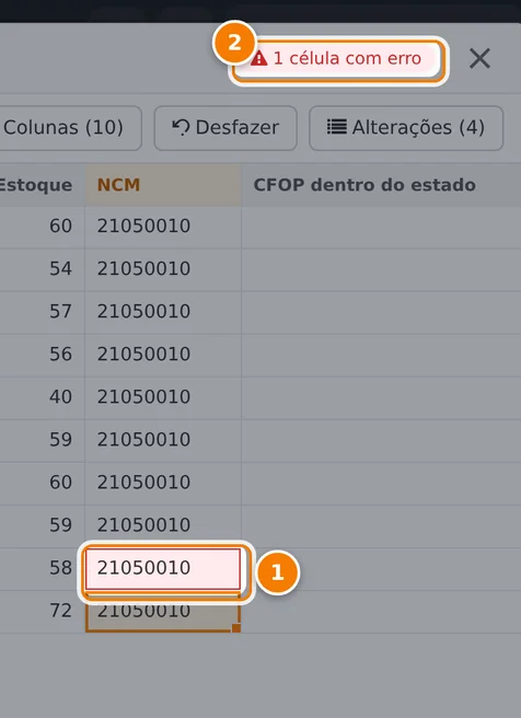 Coluna NCM com a célula do Picolé de Morango em vermelho, ponto 1, e o aviso 1 célula com erro no alto da grade, ponto 2.