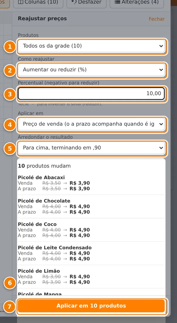 Painel Reajustar preços com Todos os da grade, Aumentar ou reduzir (%), percentual 10,00, Preço de venda e arredondamento para cima terminando em ,90; a prévia lista os preços antigos riscados e os novos, e o botão Aplicar em 10 produtos aparece no fim.