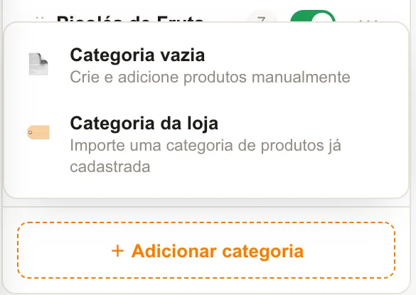 Opções de Adicionar categoria: Categoria vazia ou Categoria da loja