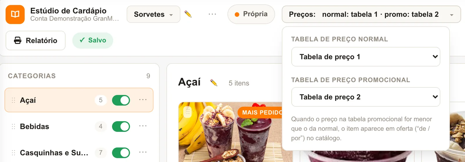 Seletor Preços aberto com tabela de preço normal e tabela promocional