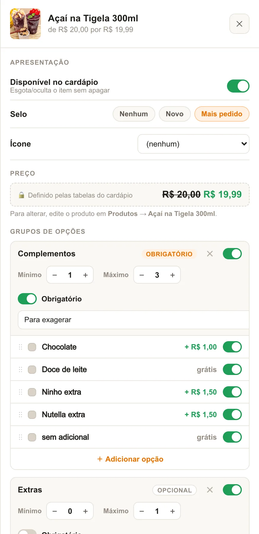 Painel lateral de um produto com disponibilidade, selo, ícone, preço definido pelas tabelas e grupos de opções com mínimo, máximo e adicionais