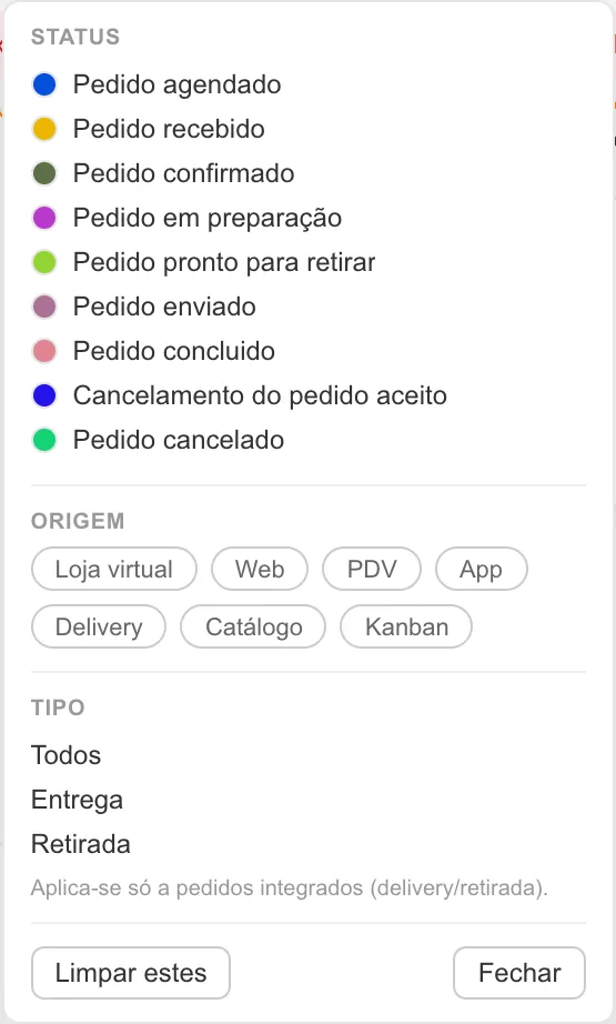 Painel Filtros do Kanban com status, origem (Loja virtual, Web, PDV, App, Delivery, Catálogo, Kanban) e tipo de pedido