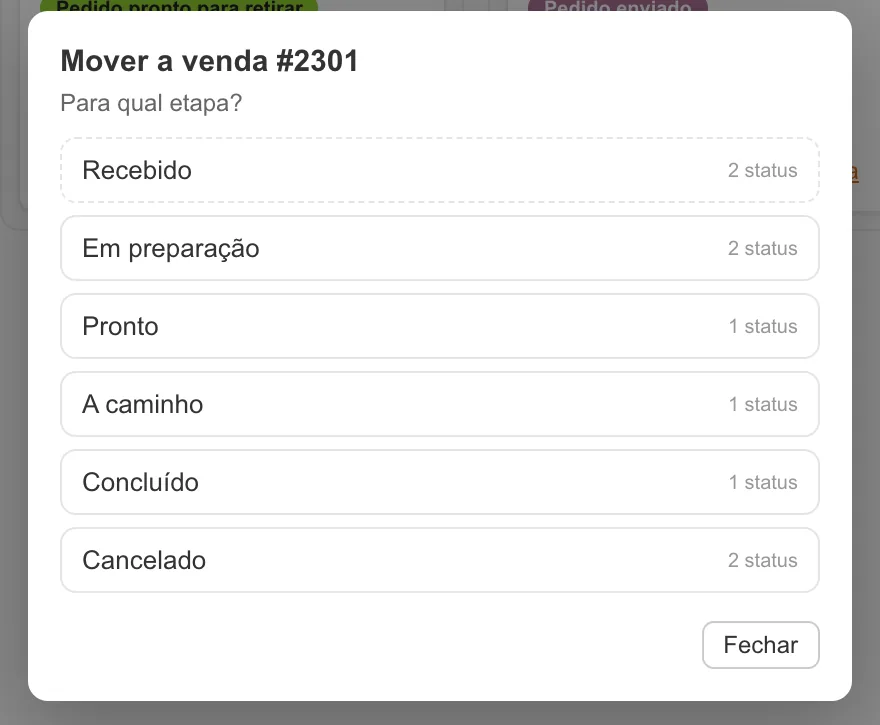 Janela Mover a venda com a pergunta Para qual etapa e a lista de colunas com a quantidade de status de cada uma